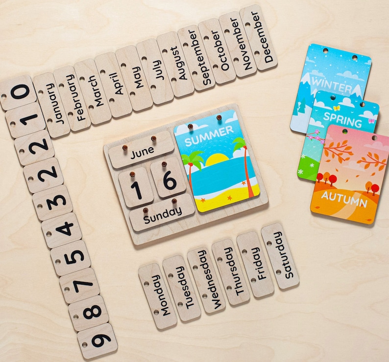 May include: Wooden calendar with numbered tiles, month tiles, day tiles, and season tiles. The calendar shows the date 16th June, Sunday, and the season is Summer.