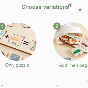 Two variations of a wooden educational puzzle game. The first image shows the puzzle itself, which features a wooden board with various shapes and images. The second image shows the puzzle pieces stored in a linen bag. The text "Choose variations" is at the top of the image. The text "Only puzzle" is below the first image. The text "Add linen bag" is below the second image.