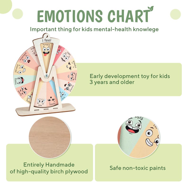 May include: A wooden emotions chart featuring a spinning wheel with colourful segments, each displaying a cartoon face representing a specific feeling. The text reads EMOTIONS CHART, Important thing for kids mental-health knowledge, Early development toy for kids 3 years and older, Entirely Handmade of high-quality birch plywood, and Safe non-toxic paints.