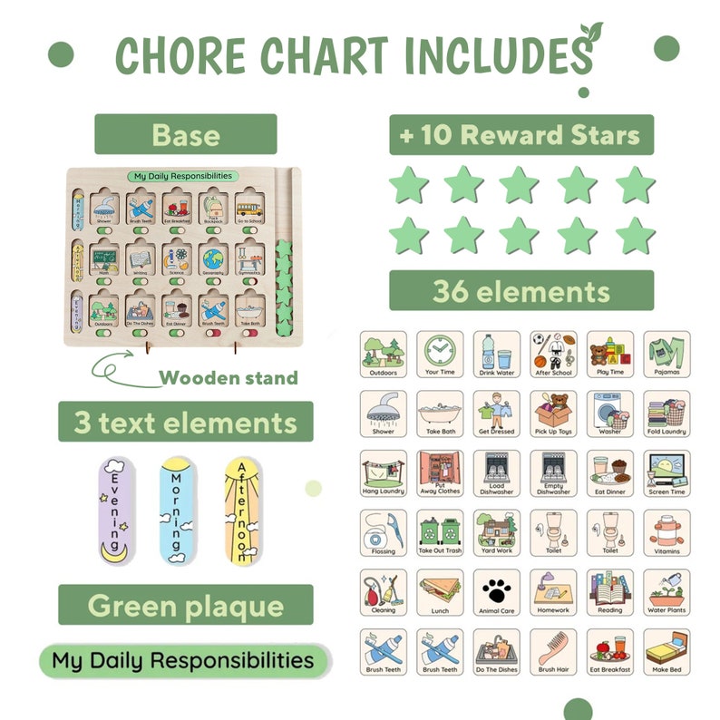 May include: A wooden chore chart with 36 elements, including a base with 25 squares, 10 reward stars, and 3 text elements. The chart includes a green plaque with the text "My Daily Responsibilities".