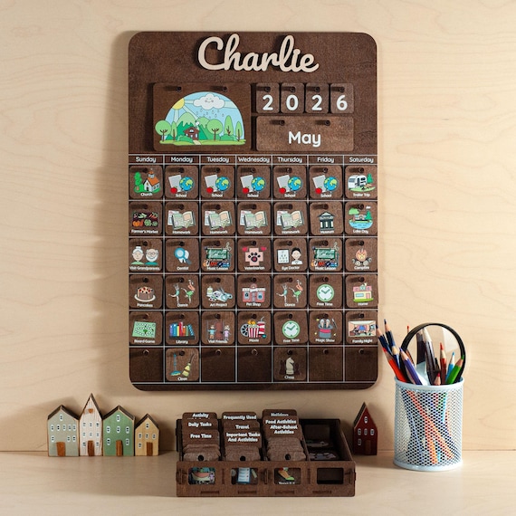 Personalized Wooden Montessori Calendar, Kids Daily Routine Visual Schedule, Birch Wood Planner