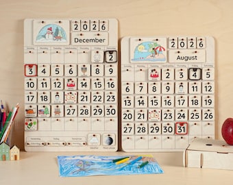 Wooden Learning Calendar for Kids, Perpetual Calendar Board, Homeschool Educational Gift, Holiday Yeras Calendar, Montessori Calendar