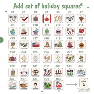 May include: A chart with 40 squares, each representing a different holiday. Each square has a number and a small illustration of the holiday. The chart is titled "Add set of holiday squares".