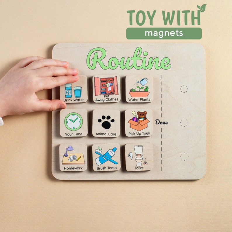 Montessori learning toy, Morning routine chart with magnets, Evening routine board, Girls preschool gift, Montessori tools, Wooden chart image 1