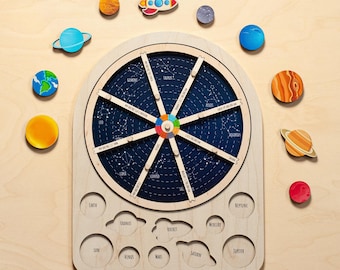 Pode incluir: Um brinquedo educativo de madeira com uma roda giratória com constelações e planetas. A roda é cercada por recortes de planetas e as palavras 'Terra', 'Urano', 'Foguete', 'Mercúrio', 'Sol', 'Vénus', 'Marte', 'Saturno', 'Júpiter' e 'Netuno'.