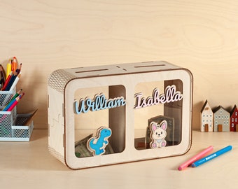 Personalized Divided Piggy Bank For Kids, Money Box With Name, Wooden Coin Bank, Unique Double Piggy Bank, Christening Gifts, Toddler Gifts