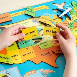Enfants apprenant la géographie des États-Unis, puzzle de carte des États-Unis en bois, jouets Montessori, géographie de l'école à la maison, jouets préscolaires, cadeau pour les enfants