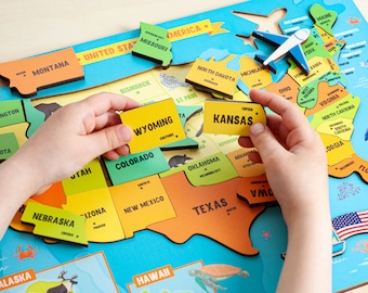 Kids learning USA geography, Wooden United States Map puzzle, Montessori toys, Homeschool geography, Preschool toys, Independence Day Gift