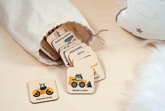 Montessori Wooden Construction Truck Car, Memory Game, Homeschool Kindergarten Preschool Activity for Kids, Toddler Gift, Stocking Stuffer