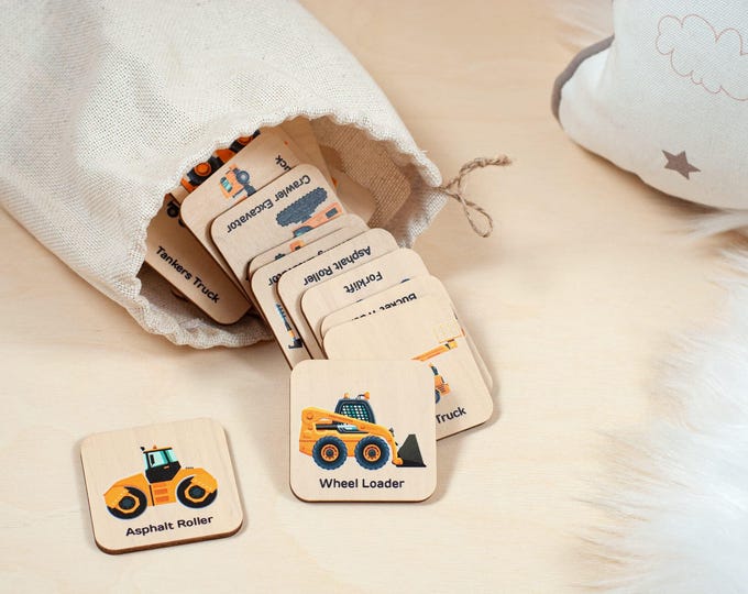 Montessori Wooden Construction Truck Car, Memory Game, Homeschool Kindergarten Preschool Activity for Kids, Toddler Gift, Stocking Stuffer