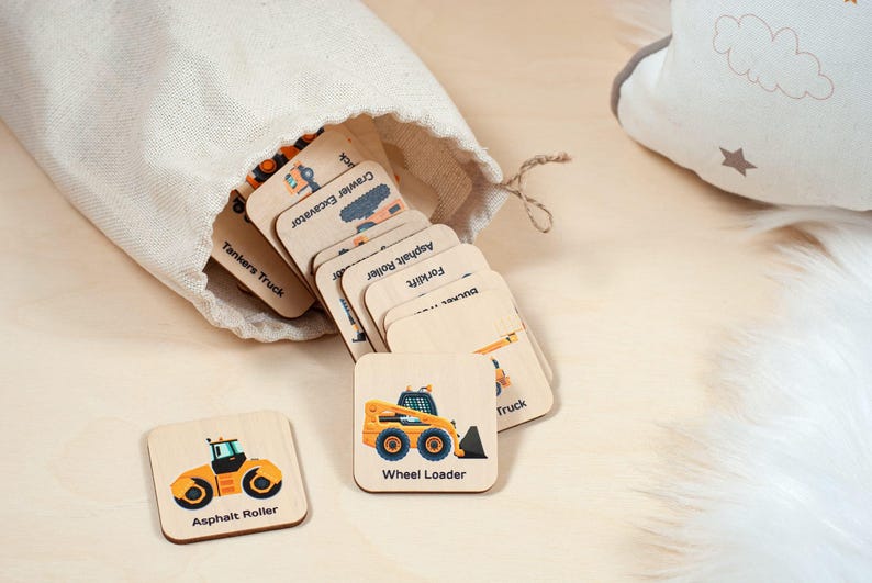 Montessori Wooden Construction Truck Car, Memory Game, Homeschool Kindergarten Preschool Activity for Kids, Toddler Gift, Stocking Stuffer image 1