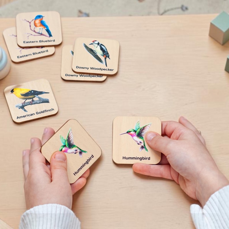 May include: A set of square wooden tiles featuring colorful illustrations of birds including an Eastern Bluebird, Downy Woodpecker, American Goldfinch, and Hummingbird. Each tile displays the bird's name in black text below the illustration.