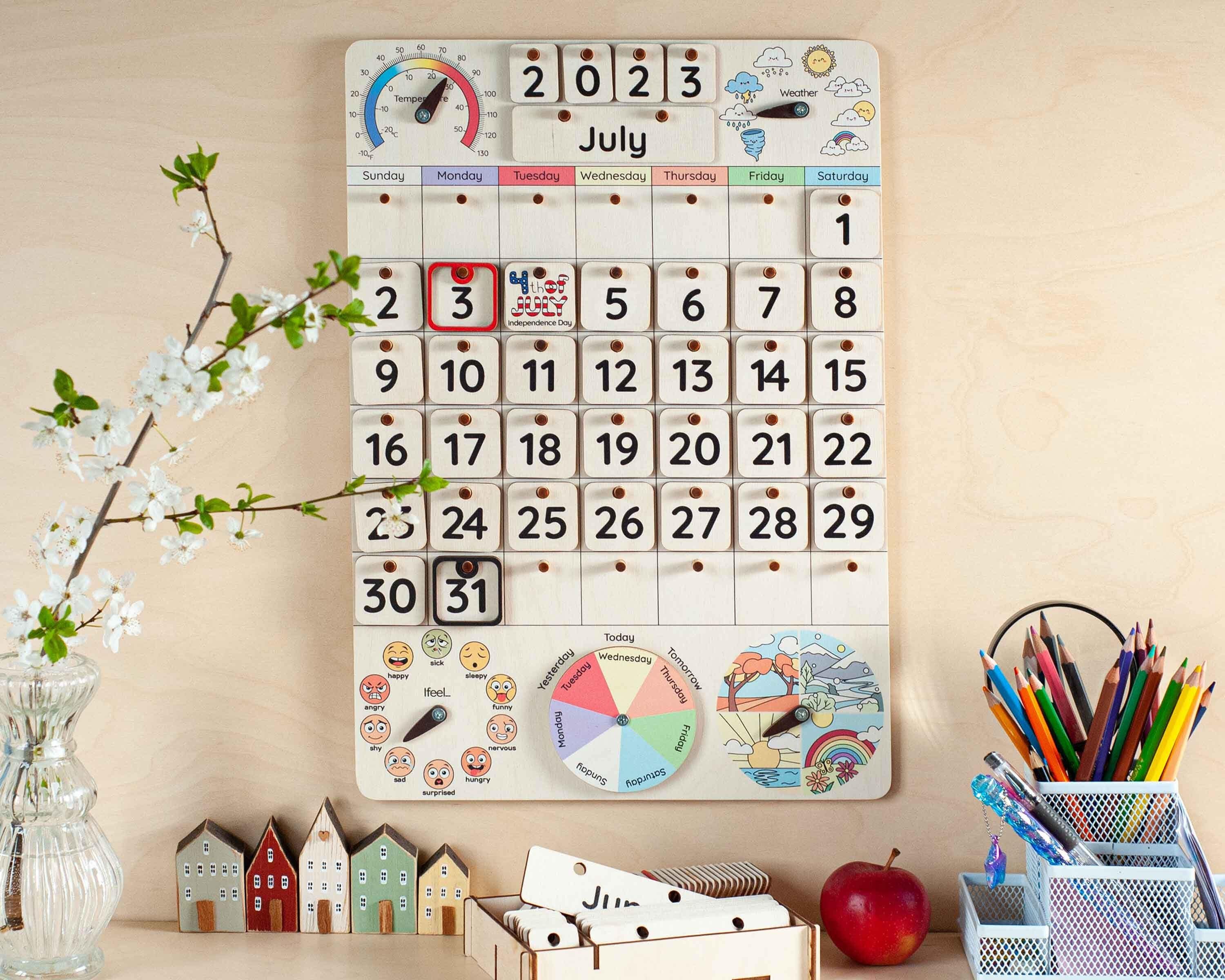 Calendario perpetuo de madera, calendario Montessori para niños, calendario para educación en casa, calendario mensual, regalo para bebé, calendario Waldorf, regalo para niños pequeños