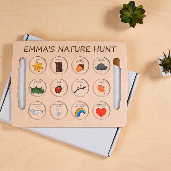Wooden Nature Hunt Board, Montessori Outdoor Exploration Tray, Kids Summer Holidays Scavenger Activity
