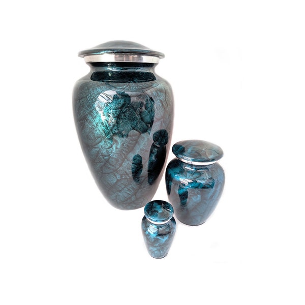 Beautiful Ocean Blue Cremation Urn & Keepsakes - Large, Medium and Small Urn with Serene Blue Finish