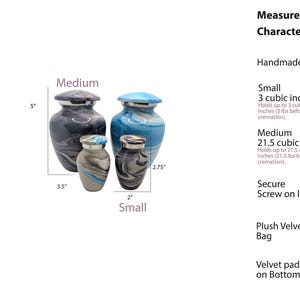 May include: Four handmade urns in various sizes, with blue and gray marble-like patterns. The medium urns are 5 inches tall and 3.5 inches wide. The small urns are 2.75 inches tall and 2 inches wide. Secure screw on lid.