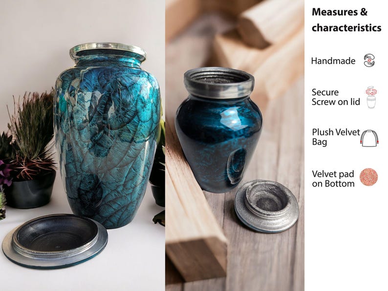 May include: Two urns with a blue and teal marbled design and silver trim. One urn is tall and cylindrical, the other is shorter and round. The lids are off, revealing the openings. The urns are handmade and have a secure screw-on lid.