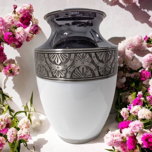 Elegant Black and White Engraved Cremation Urn - Exquisite Funeral Urn with Brass Finish (Large)