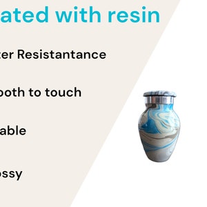 May include: A glossy, blue, white, and gray resin-coated urn with a silver lid. The text in the image reads: Coated with resin, Water resistance, Smooth to touch, Durable, and Glossy.