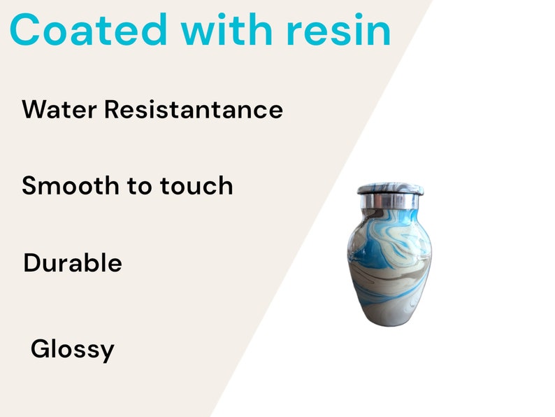 May include: A glossy, blue, white, and gray resin-coated urn with a silver lid. The text in the image reads: Coated with resin, Water resistance, Smooth to touch, Durable, and Glossy.