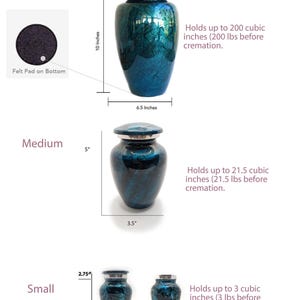 May include: A set of three blue and teal cremation urns in varying sizes. The large urn is 10 inches tall and 6.5 inches wide, the medium is 5 inches tall and 3.5 inches wide, and the small is 2.75 inches tall and 2 inches wide.