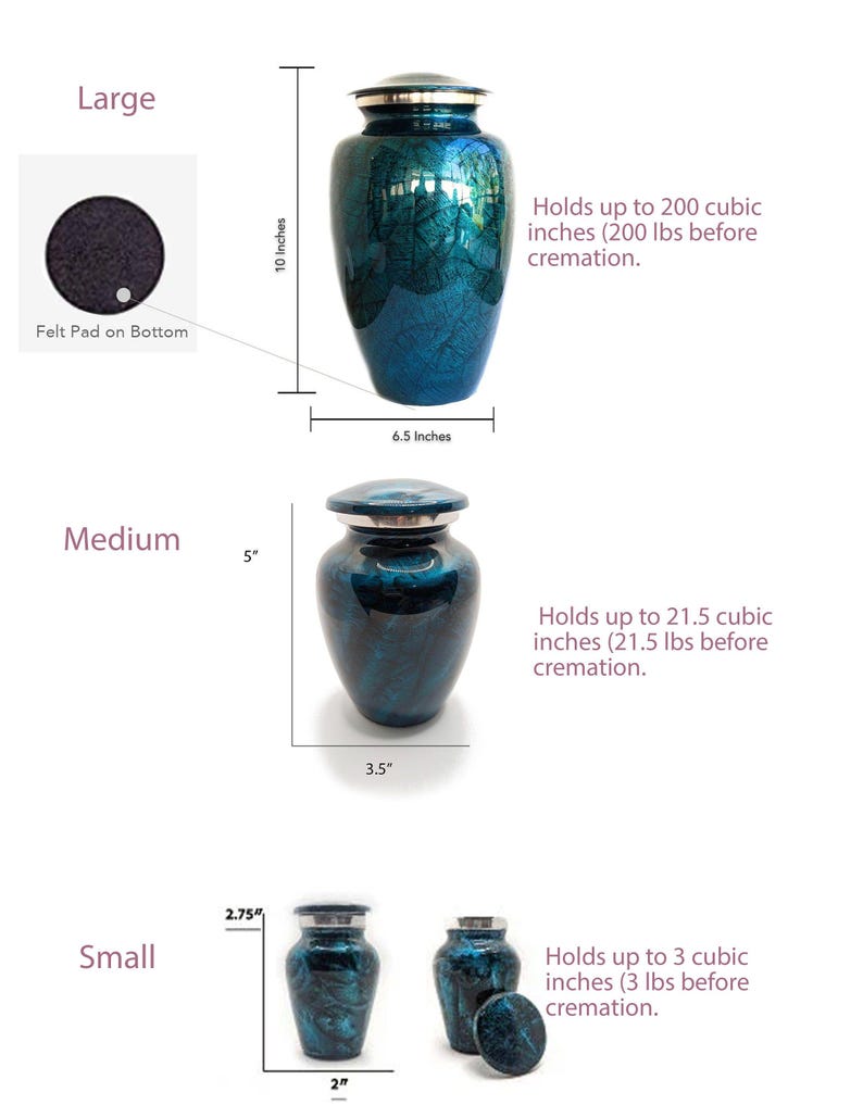 May include: A set of three blue and teal cremation urns in varying sizes. The large urn is 10 inches tall and 6.5 inches wide, the medium is 5 inches tall and 3.5 inches wide, and the small is 2.75 inches tall and 2 inches wide.