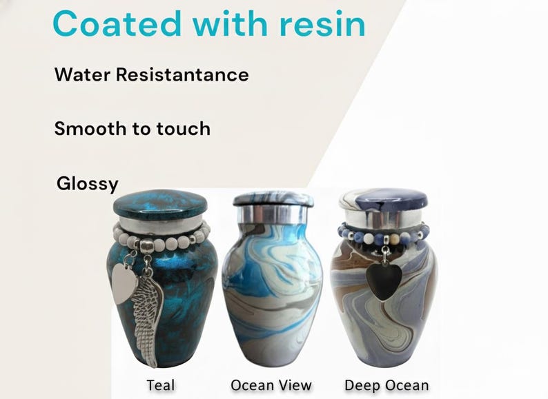 May include: Three decorative urns with resin coating, water resistant, smooth, and glossy. The urns are teal, ocean view, and deep ocean designs. Each urn has a silver lid, a beaded bracelet, and a charm. The text in the image says "Coated with resin".
