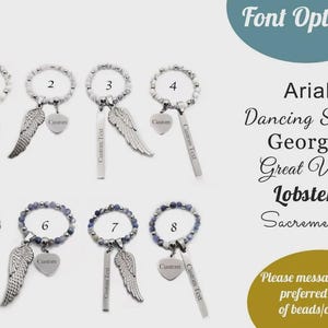 May include: A collection of beaded bracelets with heart-shaped charms and wing pendants. The image displays various designs, including bracelets with white and blue beads. Text on the image includes font options and a message to contact the seller.