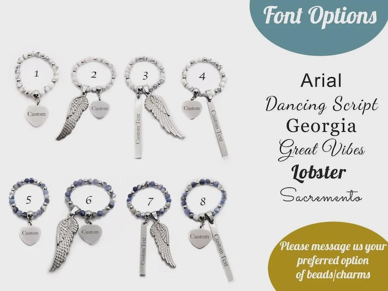May include: A collection of beaded bracelets with heart-shaped charms and wing pendants. The image displays various designs, including bracelets with white and blue beads. Text on the image includes font options and a message to contact the seller.