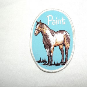 Puede incluir: Un parche bordado azul y blanco con un caballo marrón y blanco y la palabra "Paint" en letras blancas.