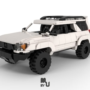 May include: A white Lego model of a four-door SUV with a black roof rack and black tyres. The vehicle has a black front bumper and a black grille.