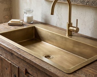 Lavabo empotrable de latón sin lacar, lavabo rectangular marroquí hecho a mano, lavabo rústico para baño de estilo granja.