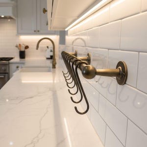 Könnte beinhalten: Kücheninterieur mit einer weißen Arbeitsplatte mit Marmormuster, einem Messingwasserhahn und einer Reihe von Messinghaken an einer weiß gefliesten Wand. Die Küche hat weiße Schränke und einen Edelstahlherd.