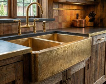 Fregadero de cobre con desagüe y fregadero de granja de doble cubeta martillada, lavabo de cocina artesanal Fes sin lacar