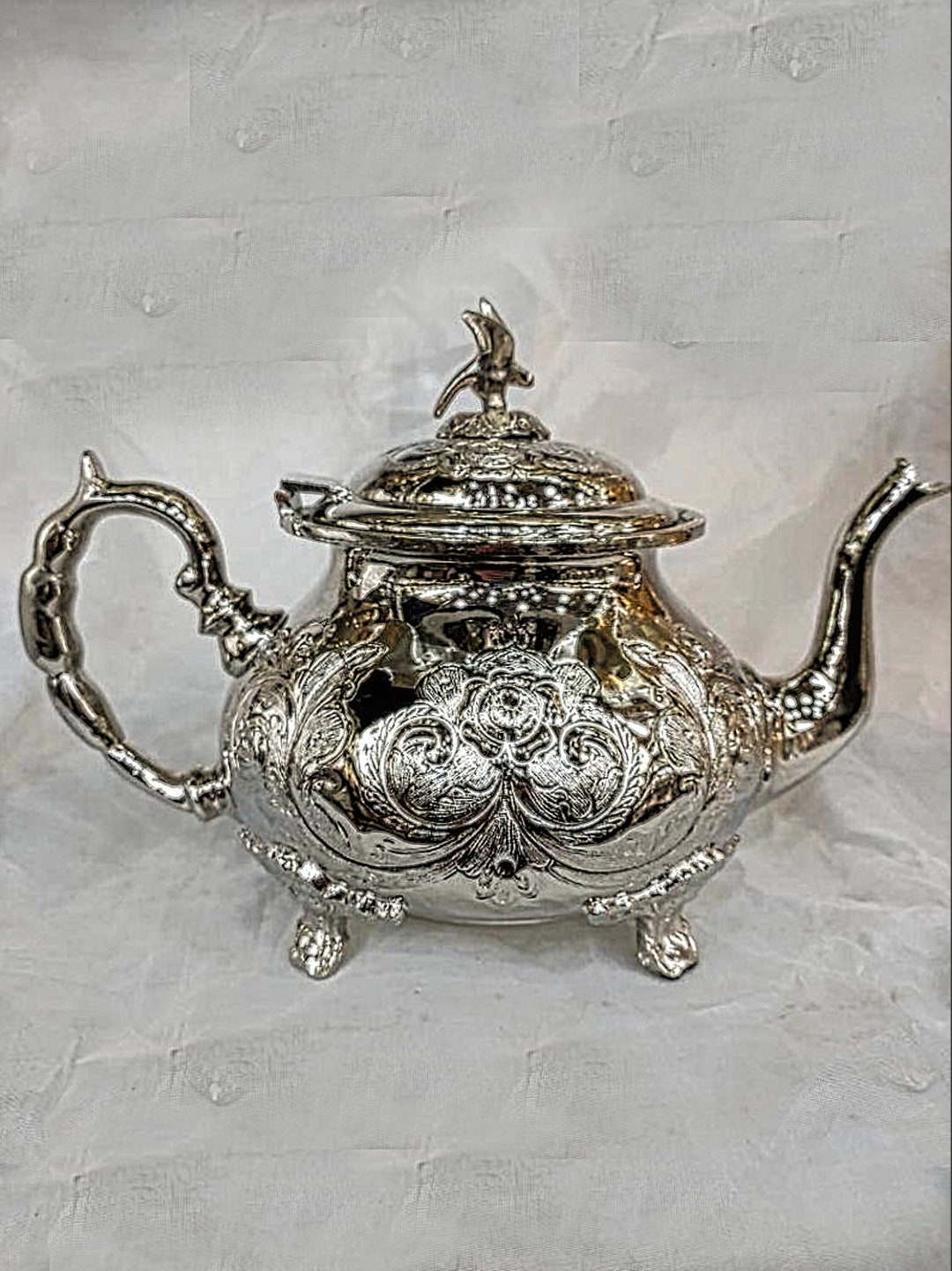 Antique Tea Kettle Engraved Brass Teapot Silver Covered Etsy
