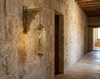 Moroccan Brass Wall Sconce, Handmade Gold Filigree Wall Light for Boho Home Decor