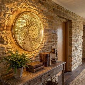 Puede incluir: Un pasillo con una pared de piedra y una decoración mural circular dorada con un patrón detallado. Una mesa de madera contiene libros, una linterna y una planta en maceta. La habitación tiene una estética rústica y cálida.