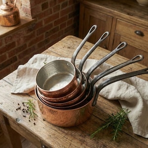 May include: A set of copper saucepans with iron handles, nested on a wooden table. The hammered copper pots have a shiny finish, and the iron handles are dark. A copper kettle sits in the background.