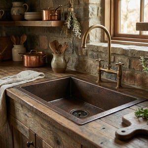 May include: A rustic kitchen scene featuring a copper sink and faucet set against a backdrop of wooden cabinetry and a stone wall. The sink is set into a wooden countertop. A linen towel hangs nearby. Copper pots and wooden utensils are on display.