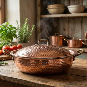 Puede incluir: Una olla de cobre con textura martillada y tapa a juego, sobre una mesa de madera. Sale vapor de la olla. Otros utensilios de cocina de cobre y verduras frescas se ven en el fondo.