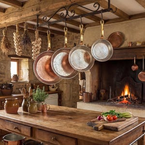 Może przedstawiać: Rustykalna kuchnia z dużą drewnianą wyspą i kamiennymi ścianami. Miedziane patelnie wiszą nad kominkiem z ogniem. Suszone zioła i czosnek wiszą u sufitu. Deska do krojenia z warzywami leży na wyspie.