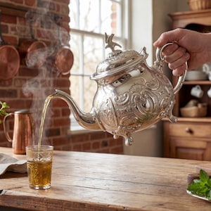 Op de afbeelding: Een sierlijke zilveren theepot schenkt thee in een glas. De scène speelt zich af in een keuken met koperen pannen, planten en een houten tafel. Er komt stoom van de thee, wat suggereert dat hij heet is. Het thema is theetijd.