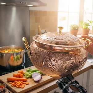 Op de afbeelding: Een koperen kookpot met ingewikkelde bloempatronen en een bijpassend deksel. De pot heeft goudkleurige handvatten en wordt in een keuken vastgehouden. Een snijplank met groenten en een pan soep zijn ook zichtbaar.