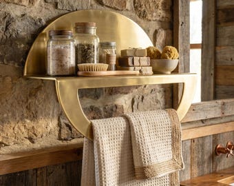 Unlacquered Brass Half Moon Bathroom Shelf with Towel Bar, Wall Mounted Floating Storage