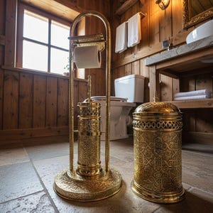 May include: A set of gold-coloured bathroom accessories with detailed patterns. The items include a toilet roll holder, a toilet brush holder, and a waste bin. The setting is a bathroom with wooden panelling and a window.