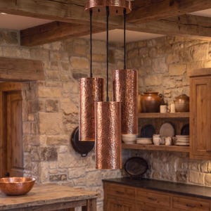 Hammered Copper Pendant Light Set of 3, Moroccan Cylinder Hanging Lamps, Luxury Kitchen Island Lighting, Custom Rustic Farmhouse Artizana
