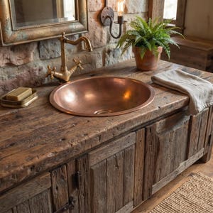 May include: A round copper vessel sink set into a rustic wooden vanity cabinet with a brass faucet. The vanity features a weathered wood texture, a bar of soap in a small dish, and a folded beige towel. A green potted plant sits on the countertop.