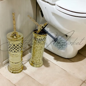 Motifeur Bathroom Accessories Ceramic Toilet Brush Set - Toilet Bowl Brush and Holder with Wooden Base (White and Beige)