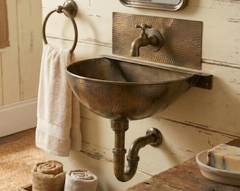 Hammered Brass Wall Mounted Sink, Half Moon Wash Basin with Faucet, Rustic Farmhouse Vanity