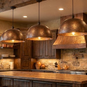Hammered bronz Copper Dome Pendant Light | Rustic Kitchen Island, Farmhouse Ceiling Fixture